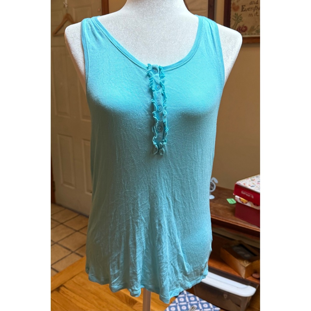 Juicy Couture Vintage Y2K Ribbed Henley Tank Top Ruffle Placket Blue Sz XL